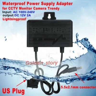 12V 2A US Plug AC-DC Outdoor Waterproof Power Supply Adapter for CCTV CCD Camera - Image 1 of 4