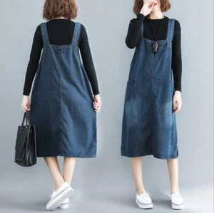 New Fashion Women's Loose Jean Dress Suspender Denim Overall Bib Dress Pinafore - Picture 1 of 12