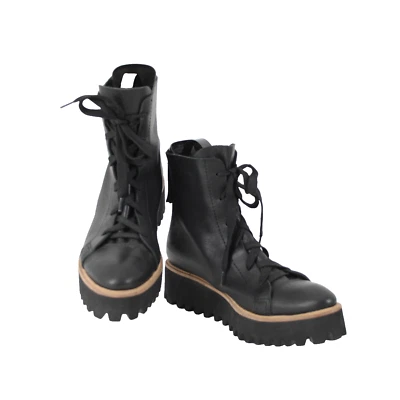 All Black Sz 38.5 Black Tan Lace Up Zipper Closure Leather Rubber Sole 2" Boots - Image 1 of 4