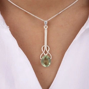 Green Amethyst Gemstone 925 Sterling Silver Jewelry Handmade Pendant 1.79" - Picture 1 of 4
