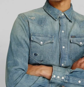 Ralph Lauren Polo Sportsman Denim Patchwork Aztec Western Snap Jean Shirt L - Picture 1 of 13
