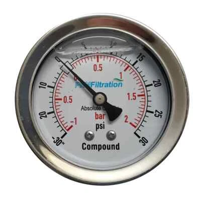 2.5" SS Compound Gauge -30inHg to 30 PSI 1/4" NPT Back Mount Glycerin Filled - Image 1 of 2