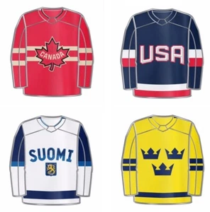 Paquete de 4 prendedores de camiseta de hockey de 4 naciones cara a cara de Canadá, Finlandia, Suecia, EE. UU. - NUEVO - Imagen 1 de 5