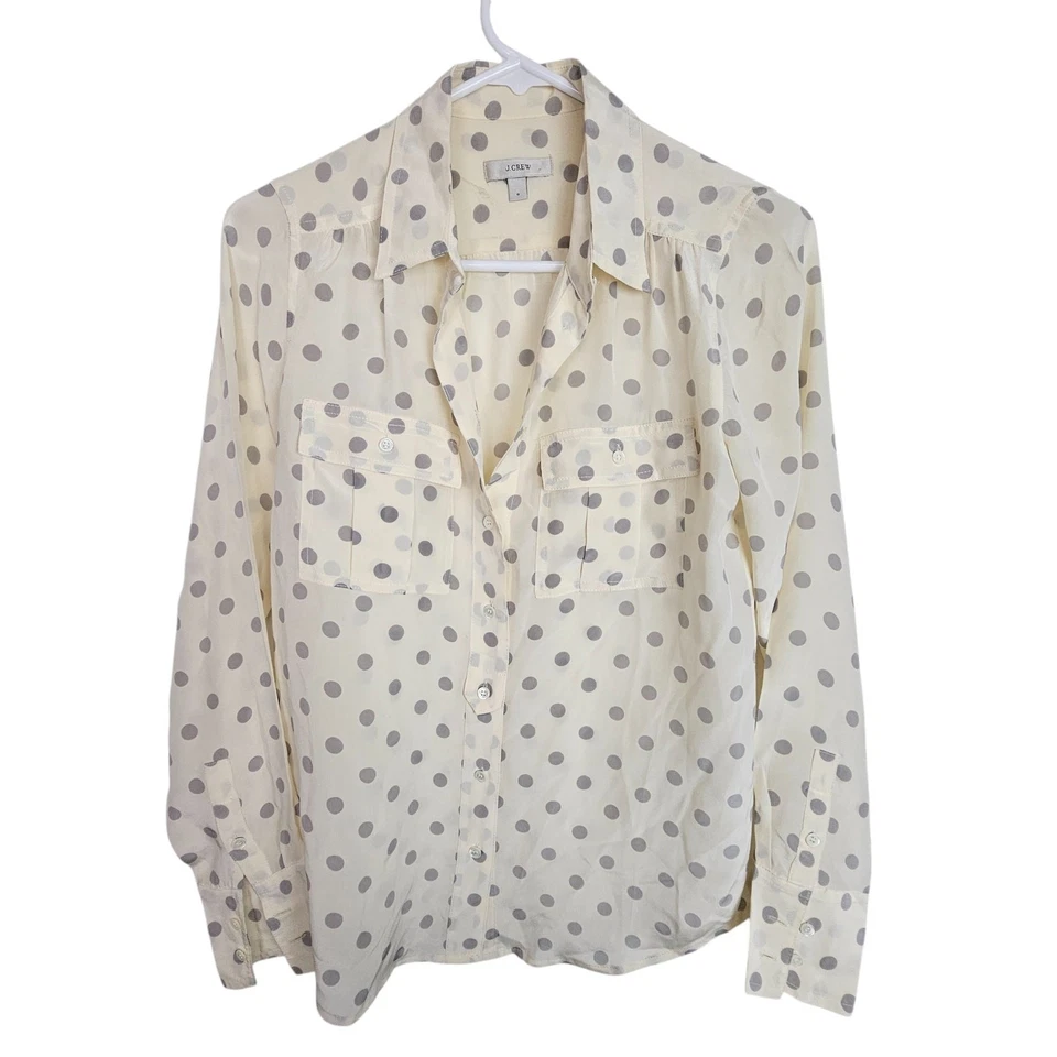 Camisa J Crew Camisa de Seda con Botones Camisa a Lunares Camisa Manga Larga 0 Crema  Foto 1 de 4