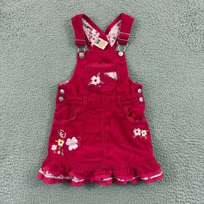 Vintage Faded Glory Overall Dress Girls 6 Pink Embroidered Flowers Button Y2k - Image 1 of 4
