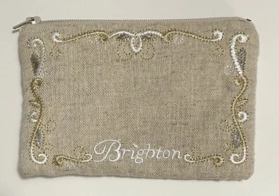 "Bolsa acolchada vintage con cremallera para joyería Brighton lino dorado plata bordado 5,75""x 4""" Foto 1 de 4