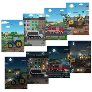 Wandbilder Kinder Fahrzeuge, Wendebilder Tag/Nacht 4 x DinA4 - Bild 1 von 5