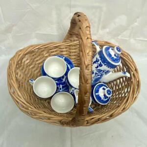 Vintage, Blue Willow 13pc Child’s Tea Set w/  Basket