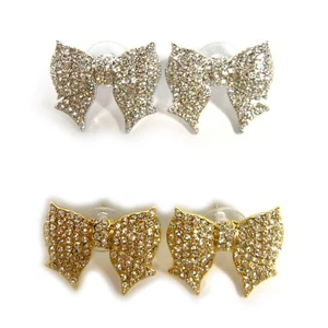 Bling Clear Crystal Rhinestone Metal Bow Stud Earrings Cute Fashion Women Gifts - Picture 1 of 22