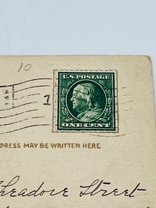 Estampilla verde de 1 centavo de Ben Franklin de 1910 usada en postal - Imagen 1 de 4