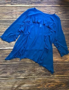 Women's 3 Chicos (16 US) Black Label Blue Sheer Tiered Ruffle Blouse NWT - Picture 1 of 8