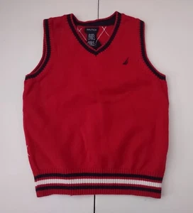 S (5) Boys Nautica Sleeveless V-Neck Knit Sweater Vest Red Argyle Cotton EUC - Picture 1 of 3