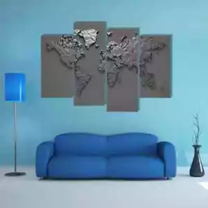 Minimalist Gray 3D Origami World Map 4 Piece Panel Canvas Wall Art Photo Decor - Picture 1 of 1