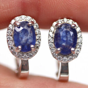Heated 4 X 6 MM. Blue Sapphire & Simulated Cz 925 Sterling Silver Earrings