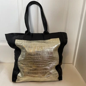 STOW Handbag Tote Bag Black & Gold Leather Large Double Handles Magnetic Closure - Picture 1 of 8