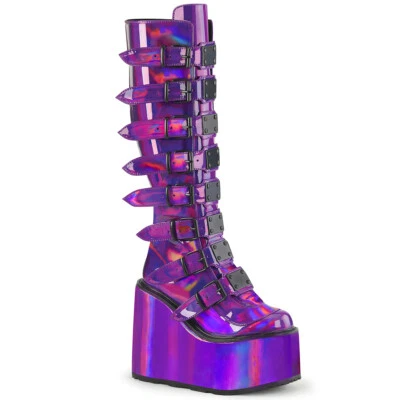DEMONIA SWING-815 Wedge Platform Goth Purple Holographic Women Knee High Boots Foto 1 de 4