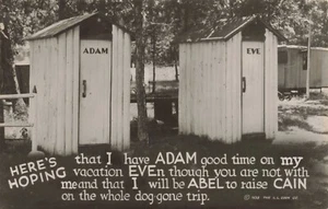 Postcard RPPC Adam and Eve Outhouses 1938 - Picture 1 of 2