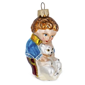 Boy Hugging White Cat Glass Ornament - Picture 1 of 5