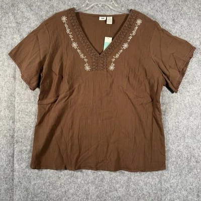 Y2K Vintage Lee Babydoll Top 2X Brown Gauze Peasant Forest Fairy Embroidered - Image 1 of 4
