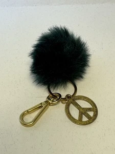 DARK GREEN FUZZY FURRY POM POM KEY FOB W Peace charm - Picture 1 of 10
