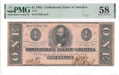 T-55 1862 $1 Confederate States PF-7 PMG AU58 Well Centered Note Civil War Money - Image 1 of 4