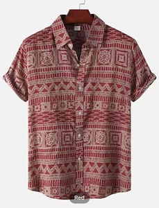 Men’s Turn-Down-Collar Short-Sleeve Button-Down Striped Dark Red & Khaki - Picture 1 of 6