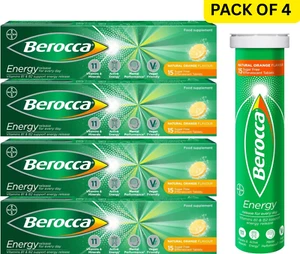 4 Pack Berocca Energy Orange Flavoured Effervescent Tablets, 15 Tabs Each - Picture 1 of 3