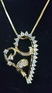Gold Sideways Open HEART Necklace Charm pendant stone Curved Plated Rhodium Big - Picture 1 of 7