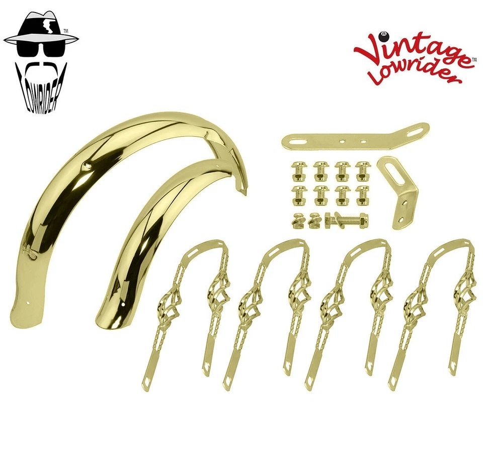 Juego de guardabarros vintage Lowrider 16" acampanado ajustable cola de pato dorado con soportes retorcidos Foto 1 de 1