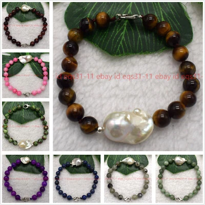 Novo 6-10mm redondo multicolorido contas de pedra preciosa e pulseira de pérolas barrocas brancas 7,5" - Imagem 1 de 4