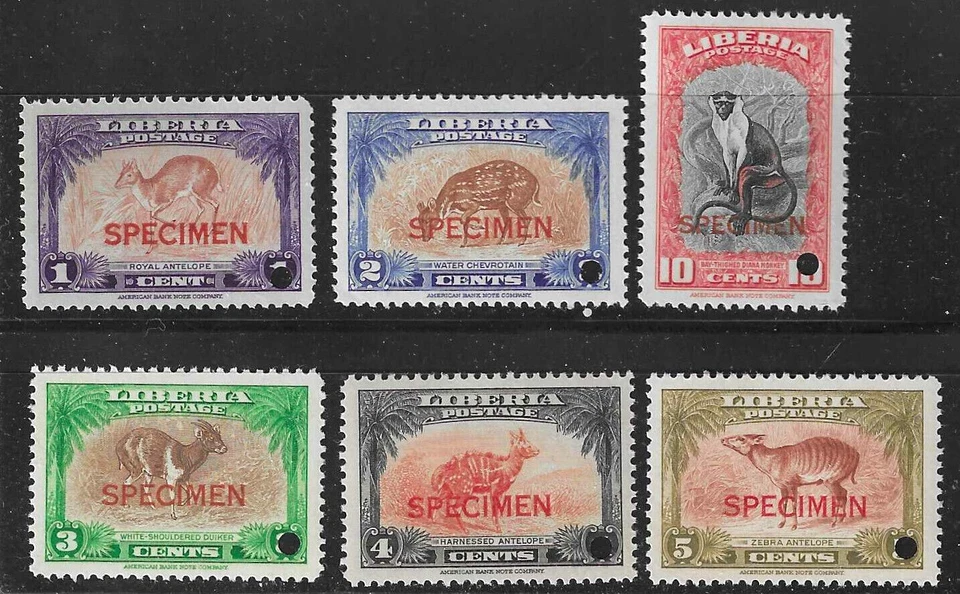 Liberia 1942 antelope set(6), SPECIMEN, American Banknote Co. #283-8 primate - Image 1 of 1