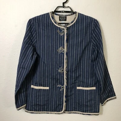 Koos Of Course Blazer Women's Medium Linen Blend Striped Lagenlook Blue Button - Image 1 of 4