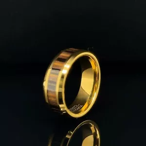 8mm Gold Tungsten Unisex Engraving Band Wood Inlay Modern Fashion Durable Ring - Picture 1 of 4