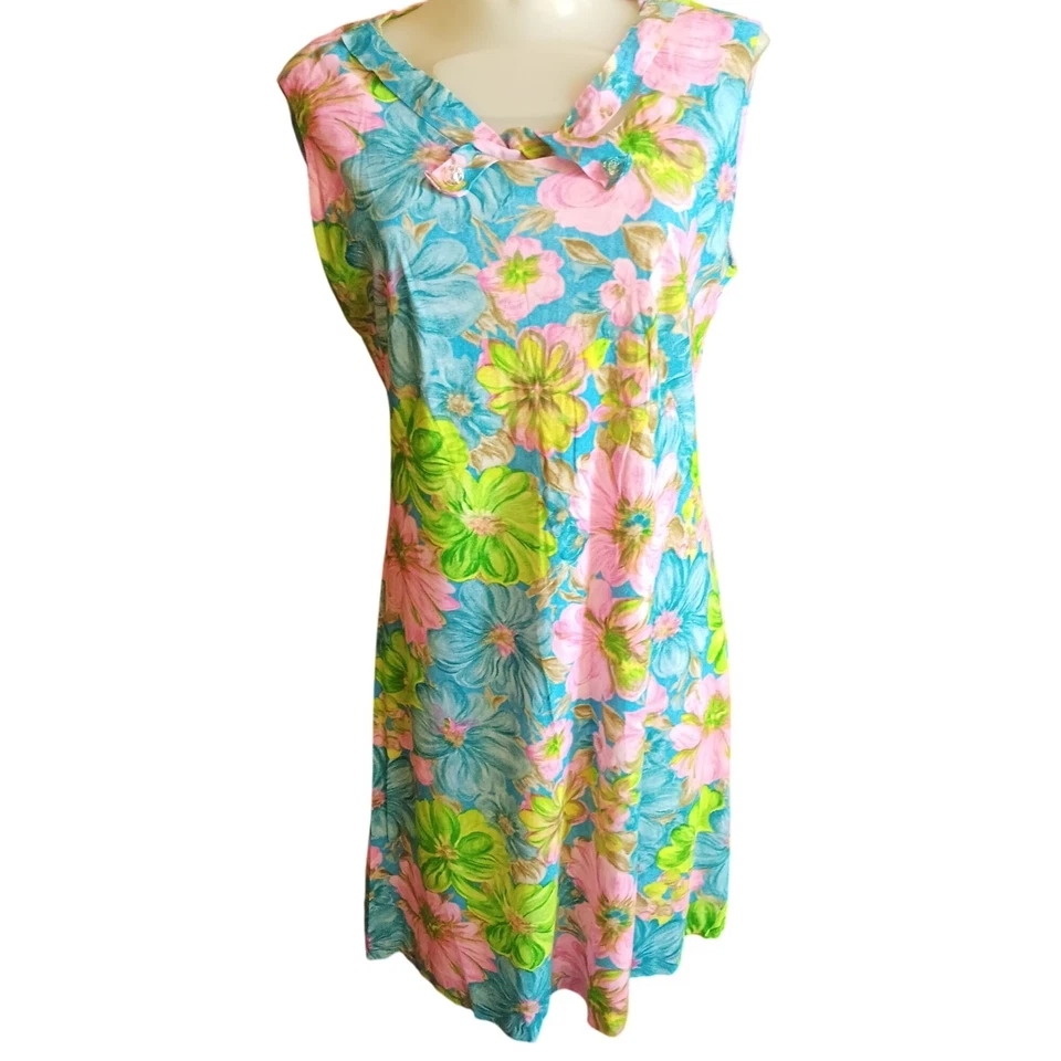 Talla 10 Vestido Vintage Años 60 1OF1 Hecho a Mano Floral Sin Mangas Lazo Verano Iglesia Mamá Foto 1 de 4