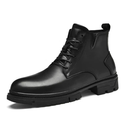 Men's High-Mid Top Ankle Short Boots Lace Up Genuine Leather Cotton Warm Boots - Image 1 of 4