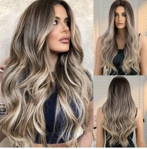 Lange ombre blonde braune gewellte Perücken für Frauen Natur Synthetik Lockenperücke - Bild 1 von 17