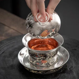 Platillo de taza creativo con estampado de dragón Gaiwan plateado + porcelana Sancai nuevo - Imagen 1 de 6