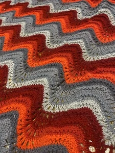 Handmade Wavy Crocheted Blanket Red Gray Thin 53 x 49 - Picture 1 of 6