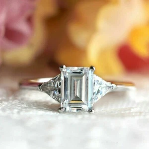 14K White Gold Over 2 Ct Emerald Cut Lab Created Diamond Womens Engagement Ring - Picture 1 of 5