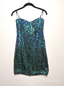 As U Wish Mini Dress Women's Large Green Sequin Lined Stretch Spaghetti Strap - Picture 1 of 13