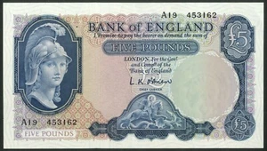 Bank of England, L.K. O'Brien, 5 Pounds, [1957], Serie A19, AUNC - Bild 1 von 2