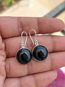 Gradevole Onice Nera Gemma 925 Argento Sterling Artigianale Orecchino - Foto 1 di 5