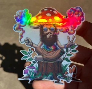 Hippie Smoker Holographic Sticker Waterproof Vinyl Trippy Stoner Shroom Decal - Picture 1 of 2