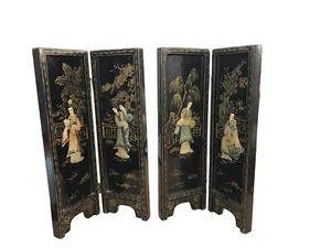 VTG Chinese Black Lacquer Mother of Pearl Geisha 4 Panel Table Folding Screen~14 - Picture 1 of 6