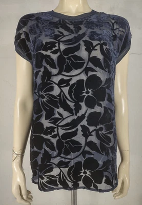 NUEVO SIN ETIQUETAS Theory Azul Oscuro Transparente Floral Flocado Manga Corta Blusa Top Damas Pequeño Foto 1 de 4