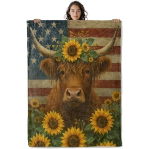Patriotic Highland Cow Blanket, 60 x 50 Inch Flannel Sunflower and American F... - Picture 1 of 6