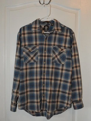 Timberland Men's Blue and Brown Plaid Long Sleeved Flannel Shirt size Medium - Image 1 of 4
