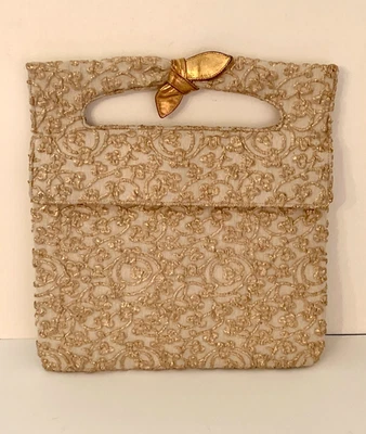 Bolsa de mão Koret vintage para noite ouro fio metálico couro arco moeda espelho - Imagem 1 de 4