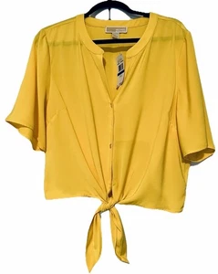 $98 Michael Kors Women Sz M Blouse Top Short Sleeve Tie Waist Dandelion Yellow - Picture 1 of 10