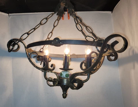 Antique 1930s Wrought Iron Chandelier 3 Light Oval Spanish Revival French Empire Cover